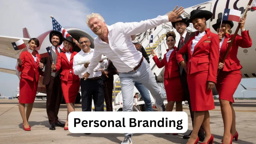 Portrait de Richard Branson avec le logo Virgin en arrière-plan.