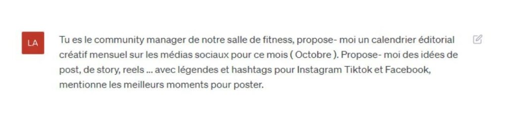 Exemple de Prompt ChatGPT Pour Génerer Un Calendrier Éditorial pour les réseaux sociaux