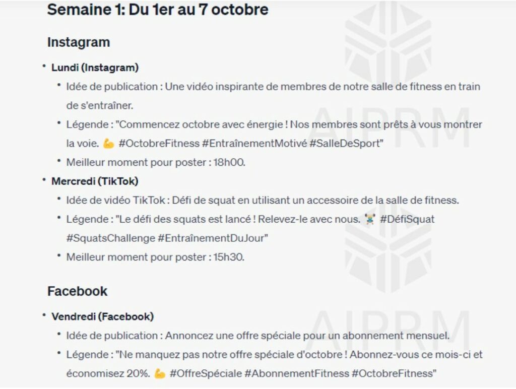 Un Calendrier Éditorial génerer par ChatGPT Pour les réseaux sociaux